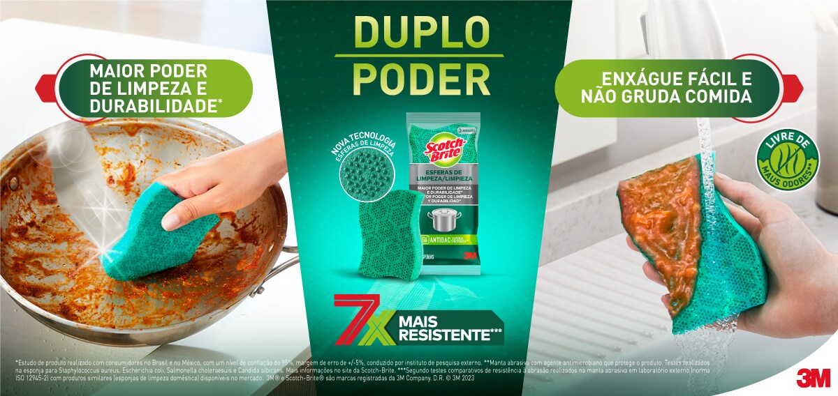 Conhece o duplo poder da nova esponja Scotch-Brite® Esferas de Limpeza: maior poder de limpeza e durabilidade.
